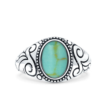 Filigree Vintage Style Lab Opal Ring Solid Oval Oxidized Simulated Turquoise 925 Sterling Silver